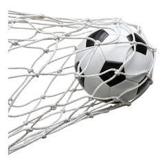 A soccer ball caught in a net, symbolizing a goal scored in a game, isolated on transparent background