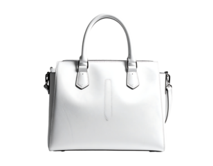 Sleek, white, structured handbag with dual top handles, subtle detailing, and a short detachable strap