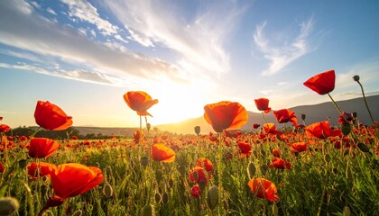 Enchanting golden light casts a magical glow across a vibrant field of red poppy flowers, creating a breathtaking and serene natural landscape under a dramatic sky at dawn or dusk