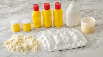 Cleaning Products and Powders on Marble Surface- Studio Shot of Detergents, Bleach, and Cleaning Agents