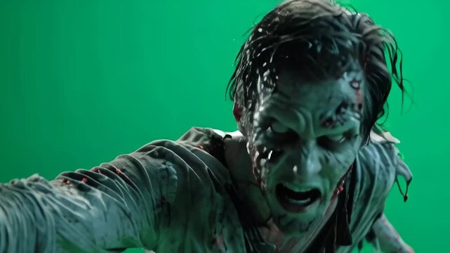 Halloween zombie character against a green screen background