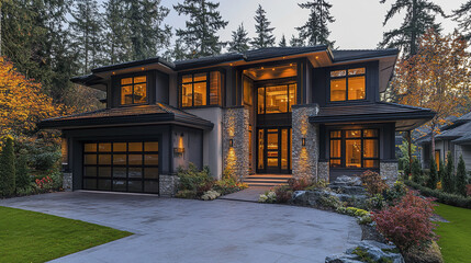 Modern luxury house exterior with warm interior lighting and landscaped garden at dusk, surrounded by tall trees creating peaceful and inviting atmosphere