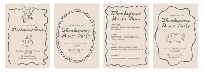 Whimsical thanksgiving invitations and dinner menu with hand drawn doodle frames and festive autumn icons. Playful holiday party cards and rustic designs. Flat vector illustration.