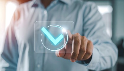 Business hand touching liquid glass with glowing checkmark digital icon