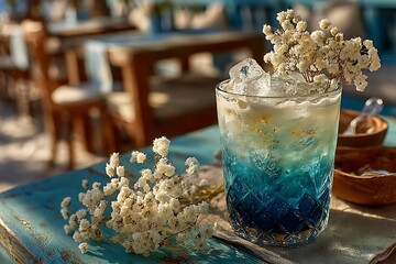 Tall blue gradient drink with ice and white flowers blue drink cocktail