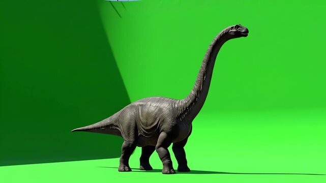 4k render of a Brachiosaurus dinosaur standing against a bright green screen background, showcasing its detailed texture and long neck in a side profile view, offering a