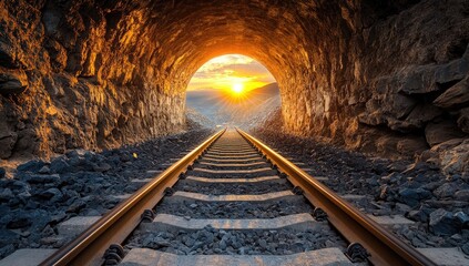 Sunlit tunnel exit, railway tracks