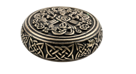 Ornate silver box with intricate celtic knot designs, isolated on transparent background, showcasing the beauty and craftsmanship of ancient artistry