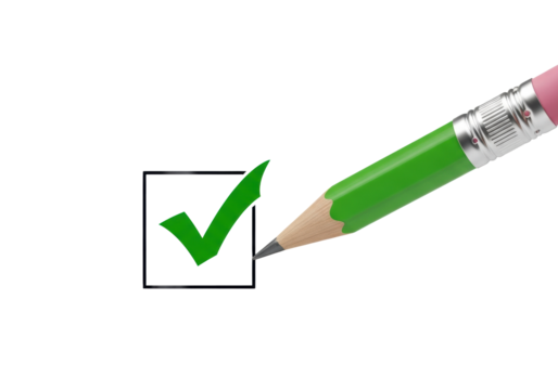 Green wooden pencil's tip completing a bold green checkmark in a black checkbox on a transparent background, a precise studio macro shot, concept of validation and accomplishment