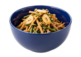 A vibrant salad of thin, light-brown vegetable strips, dressed in a savory sauce, garnished with toasted garlic cloves and sesame seeds, presented in a deep blue bowl against a black background.