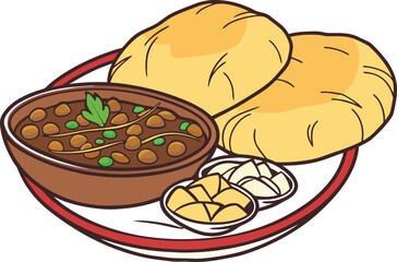 Chole Bhature Indian Food Illustration. Traditional Chole Bhature Dish Design. Delicious Chole Bhature Meal Clipart. Spicy Chole Bhature Food Illustration. Authentic Chole Bhature Snack Design Tasty