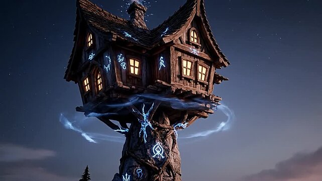 Gothic Treehouse Suspended in Forest Sky
A mysterious gothic-style treehouse floating midair among tree branches, glowing softly, inviting viewers into a fantasy world of wonder, mystery;surrel  magic