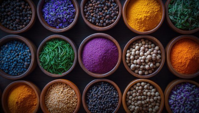 Colorful spices in small bowls