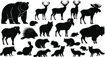 North American wildlife silhouettes, forest animals, bear, deer, moose, elk, bison, wolf, nature icons, wilderness, fauna, mammals, outdoors, hunting, tracking, ecology, conservation