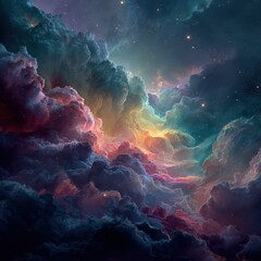Obraz premium Celestial Symphony: A vibrant nebula dances across the cosmos, painted with swirling hues of blue, pink, and gold. Tiny stars twinkle, enhancing the beauty.