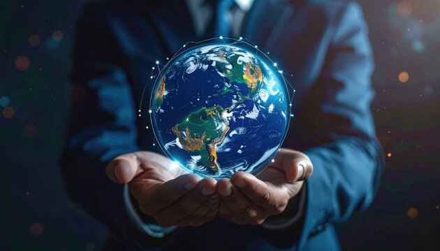 Man in suit holds glowing earth globe with connecting dots. Focus on hands holding globe. Backlit with bokeh - Powered by Adobe
