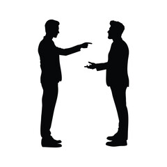 A silhouette of two businessmen in dialogue, one pointing and the other gesturing, symbolizing professional conversation, negotiation, or a challenging discussion.