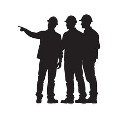 A silhouette of three construction workers in hard hats, with one pointing and leading a discussion, symbolizing collaboration, leadership, and professional teamwork.