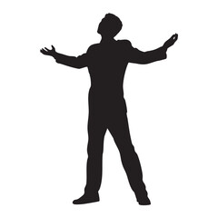 A silhouette of a man with arms outstretched and his head up, symbolizing joy, freedom, and triumph in a moment of celebration or achievement.