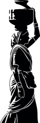 Silhouette of woman carrying pot on head, traditional rural lifestyle vector illustration.