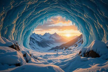 Ice Cave View of Snowy Mountains at Sunrise