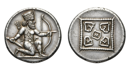 Ancient silver coin depicting a kneeling archer, isolated on transparent background, offering a glimpse into the rich history and artistry of the past era