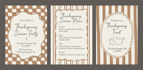 Set of Thanksgiving invitation and dinner menu templates with hand drawn doodle frames and retro checkered and striped borders. Whimsical autumn feast party cards. Vector illustration.