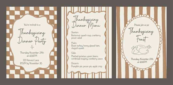 Set of Thanksgiving invitation and dinner menu templates with hand drawn doodle frames and retro checkered and striped borders. Whimsical autumn feast party cards. Vector illustration.