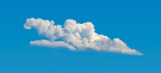 Isolated cascading cloud floating in the wind against blue sky. Big glowing clouds spreading on the deep blue sky sunny day. Nature concept background. Elegant landscape image