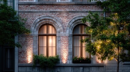 Obraz premium Old European Building Facade with Arched Windows Brickwork and Greenery Illuminated by Warm Light Creating a Cinematic Feel
