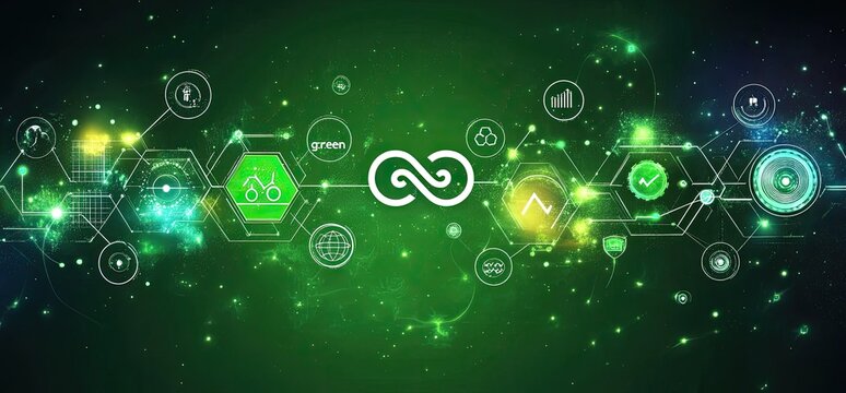Green tech interconnected system.  Abstract graphic with glowing icons and network