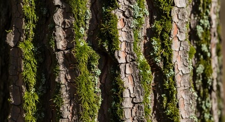 Obraz premium Close-up view of a tree trunk covered in moss, showcasing the textured bark and vibrant green moss.