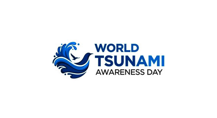 Obraz premium World Tsunami Awareness Day Logo with stylized wave and bird silhouette in blue tones.