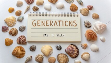 Generations of Sea Shells Arranged Around a Notepad on White Surface