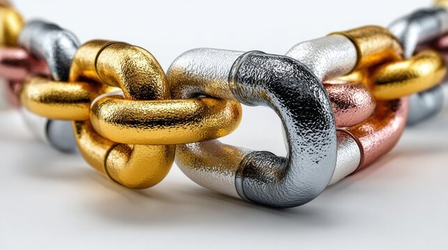 Stunning gold silver and copper chain links representing strength, unity and connection in a modern dynamic design for business or technology concepts
