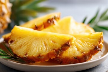 Slices of ripe pineapples in plate