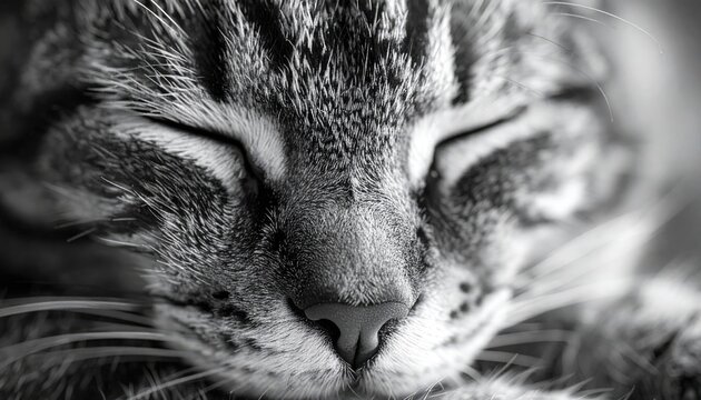 Black & white close-up of a peacefully sleeping tabby cat, detailed fur texture, and serene facial expression captured in soft focus