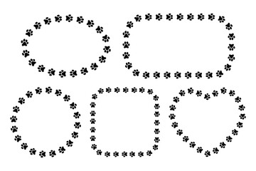 Oval, rectangle, round, square and heart frames with dog or cat paw prints. Templates for pet photo vignettes, greeting or invitation cards, pictures or banners. Vector graphic illustration.