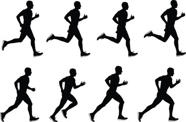 Running silhouette sequence, human motion study, biomechanics breakdown, athletic stride, sports training, animation reference, black figure, sprint, exercise, posture