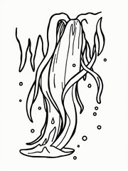 Minimilist illustration of a strange plant with long flowing leaves and water droplets around it in black and white vector