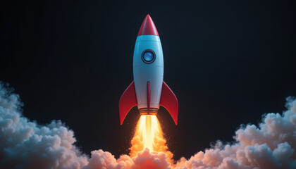 Rocket launching into the night sky with fiery exhaust and clouds