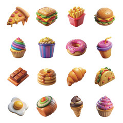 3D Cartoon Food Icons Collection | Colorful Snacks, Fast Food, and Sweet Treat Illustrations for Menus, Apps, and Creative Designs