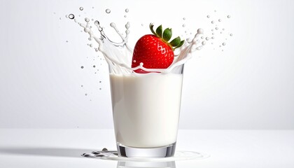 Strawberry Splash in Glass of Milk Fresh and Refreshing Drink