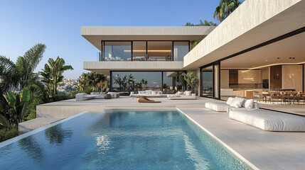 Fototapeta premium Modern house with large glass windows and outdoor pool, surrounded by tropical plants and comfortable lounge seating, showcasing luxury and serene architecture design