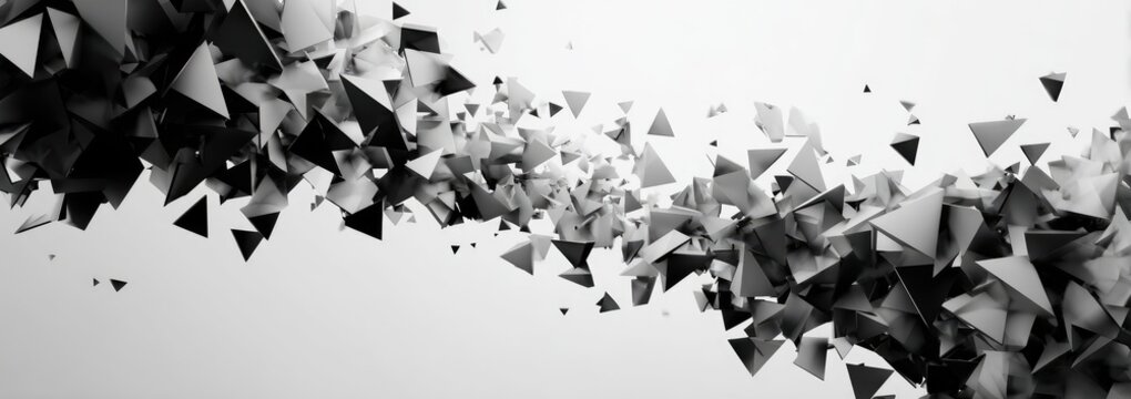 Abstract grayscale image of fragmented, triangular shapes scattered across a light background