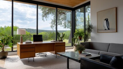 Fototapeta premium Serene Interior with panoramic view: A stylish home office with a minimalist desk overlooking a breathtaking panorama, natural light fills the space, showcasing nature and design. 