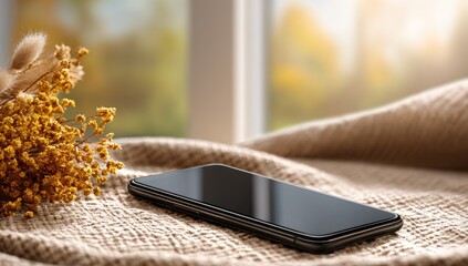 A black smartphone rests on a textured beige cloth, with a display that catches the light. A bouquet of dried yellow flowers adds a touch of autumnal warmth to the scene.