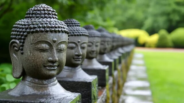 Multiple stone Buddha statues line a peaceful garden pathway in serene green surroundings