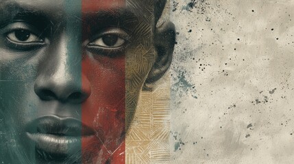 Abstract portrait of Black man with African patterns in red, green, and yellow, symbolizing heritage, identity, and cultural pride for Black History Month in October. Copy space