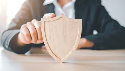 Businesswoman hand interacting with wooden shield icon for data privacy and safety